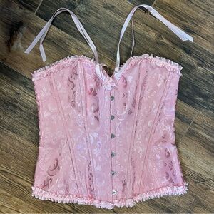 Pink Jacquard Corset Top with Ribbon Straps & Lace-Up Back – Size M-L
